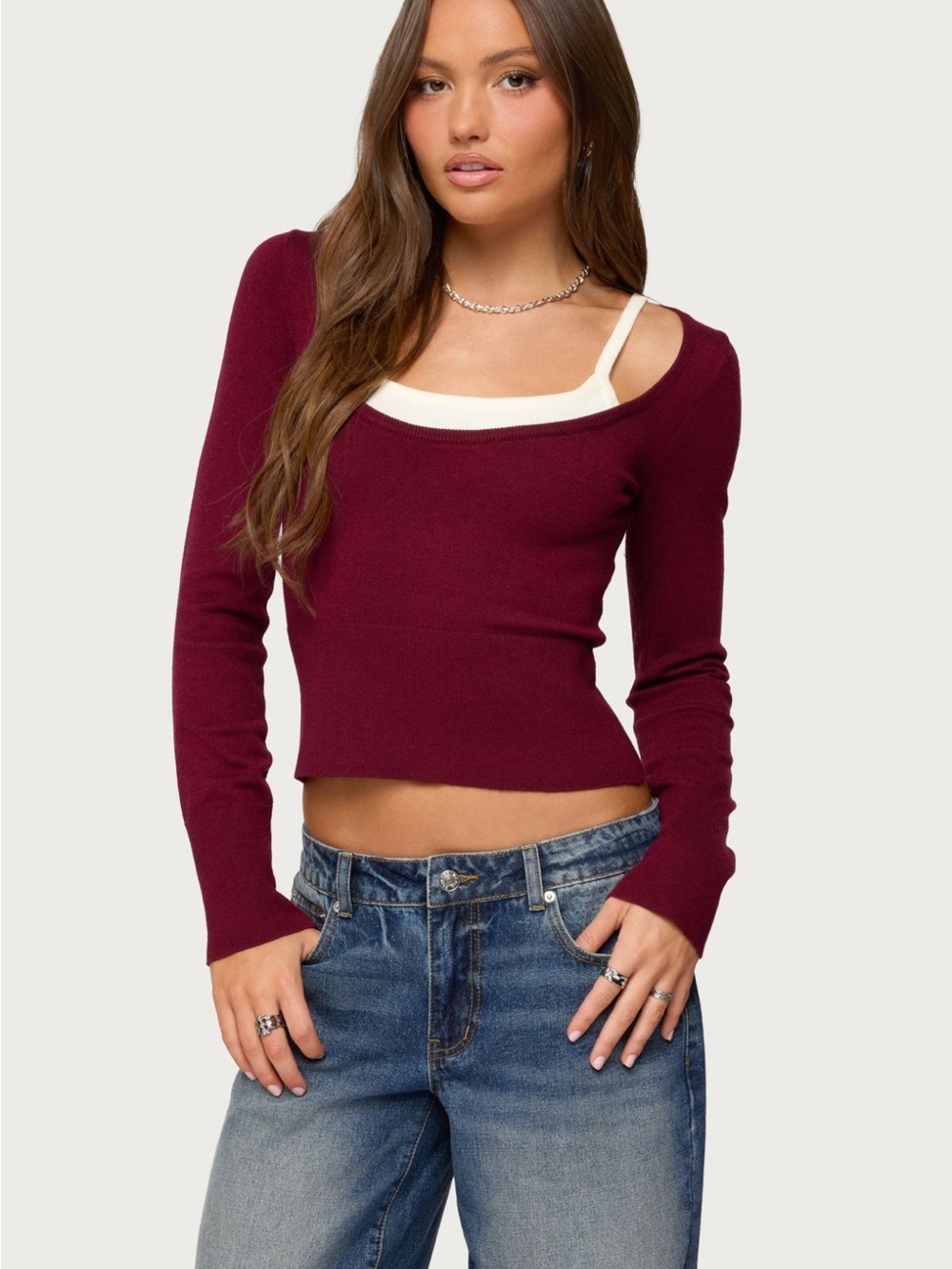 Edikted Wine Red Long Sleeve Scoop Neck Knit Top with White Layered Detail